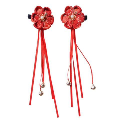 Okiddo Japanese Accessory Hair Clip - Sakura with bells (Red)